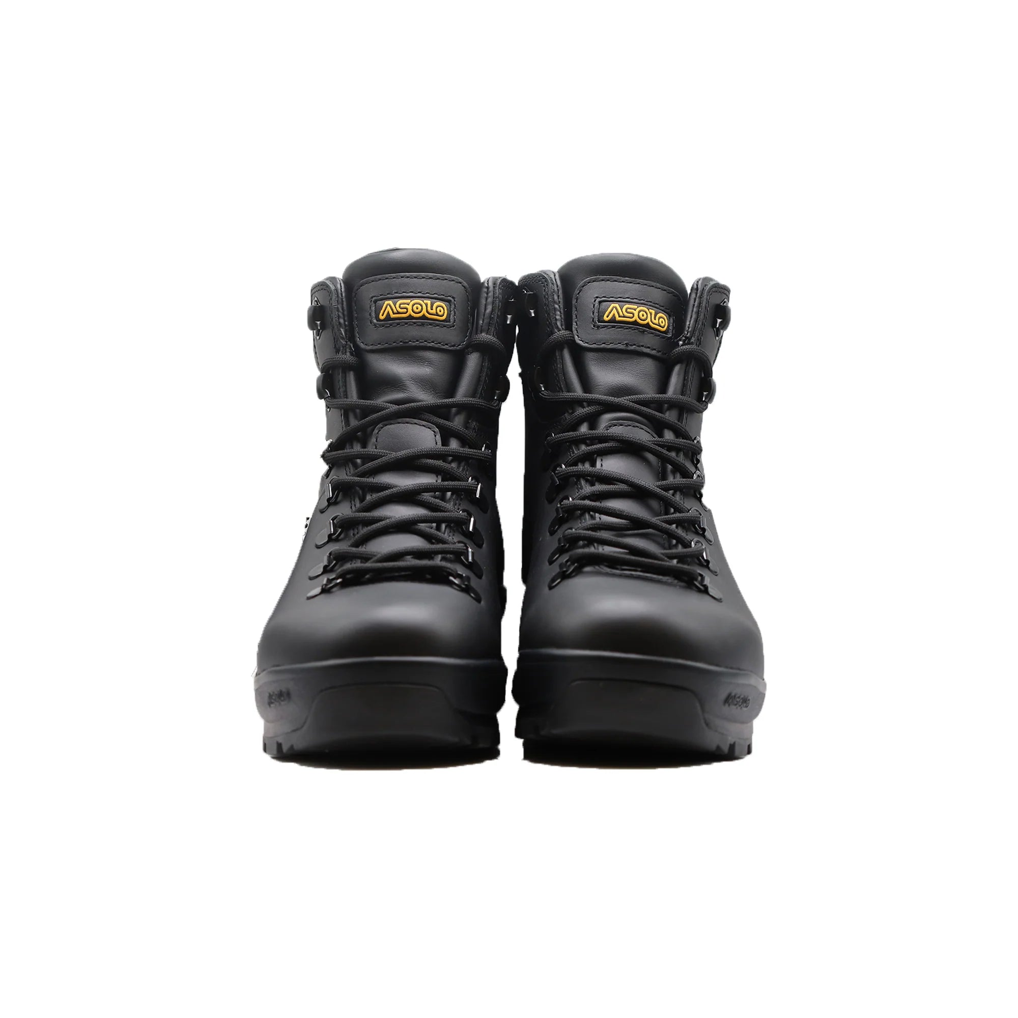Pair of black Asolo hiking boots with black laces and yellow 'Asolo' logo on the tongue