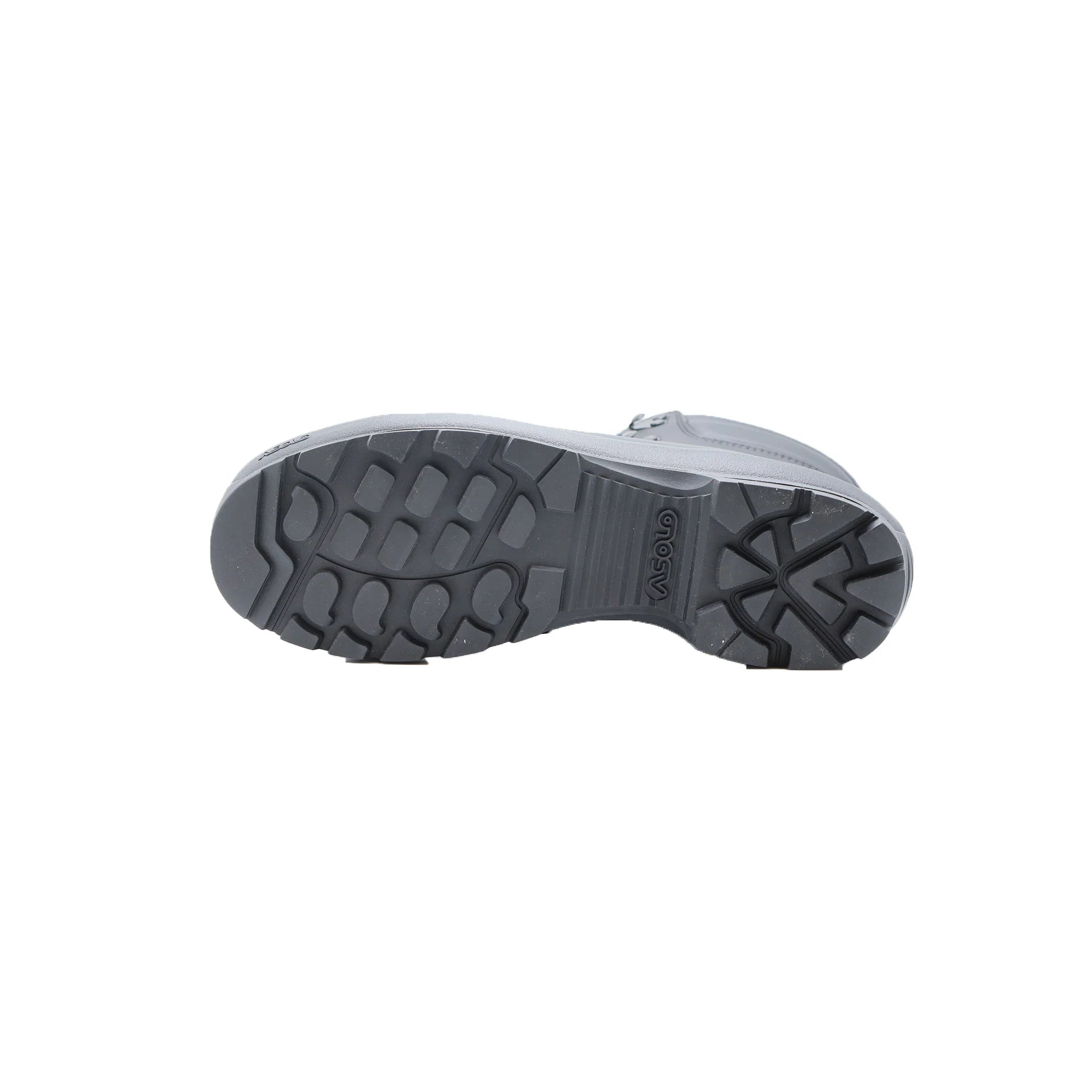 Sole of a gray Asolo hiking boot with a black Vibram outsole featuring deep treads and a black 'Vibram' logo