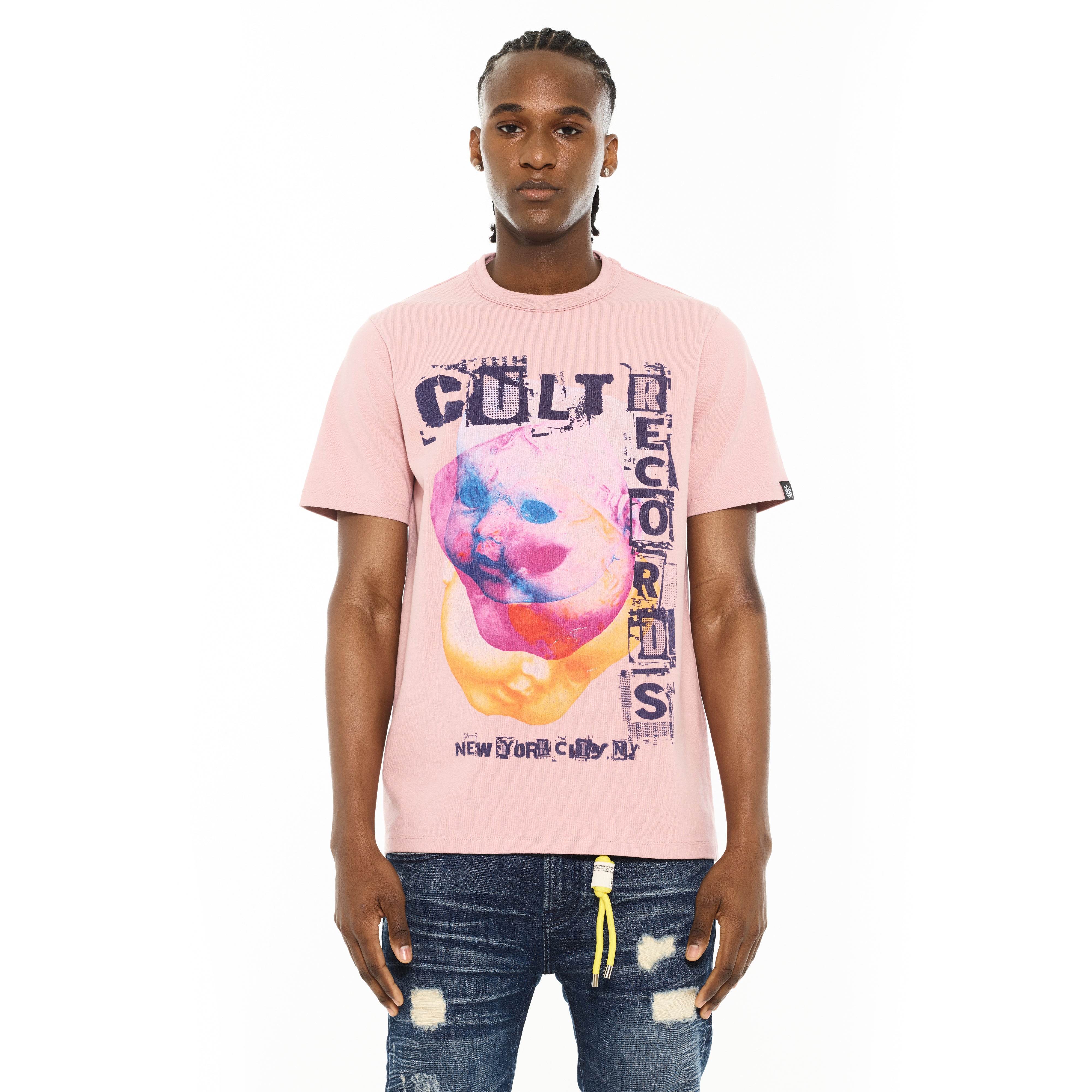 Cult Of Individuality Heavyweight Short Sleeve Crew Neck Tee "Cult Records" in Silver Pink