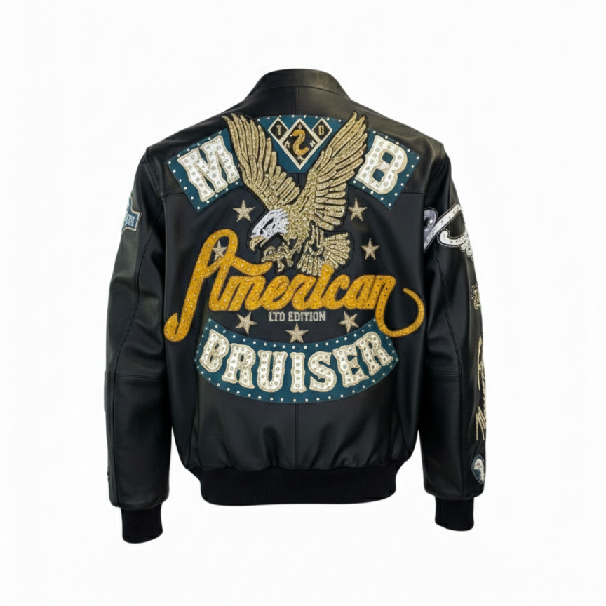 Black Pelle Pelle American Bruiser leather jacket with eagle design and 'American Cruiser' text on a white background