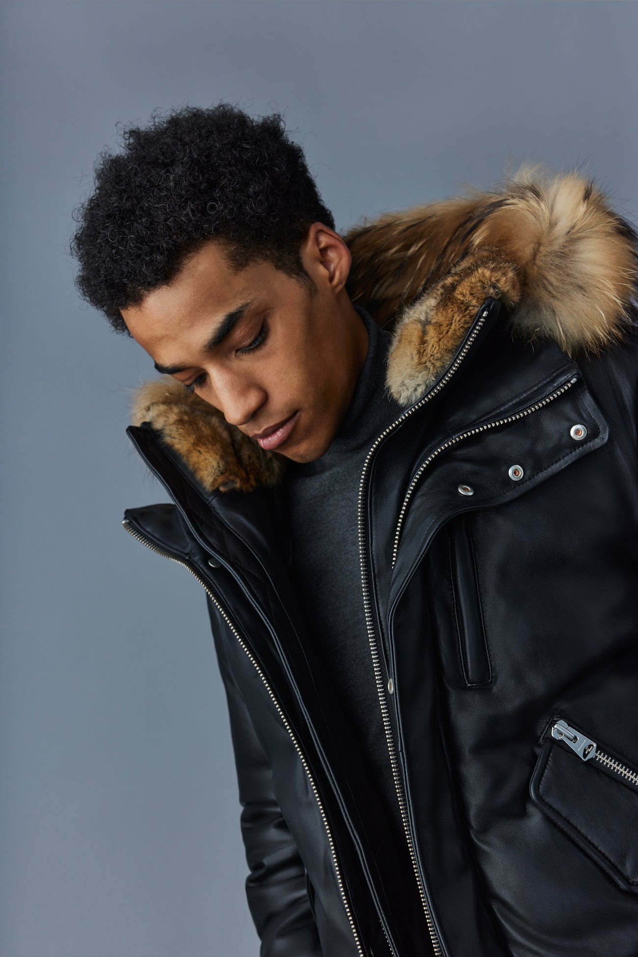 Mackage GLEN 2-in-1 (r) Leather bomber jacket with hooded bib & natural fur