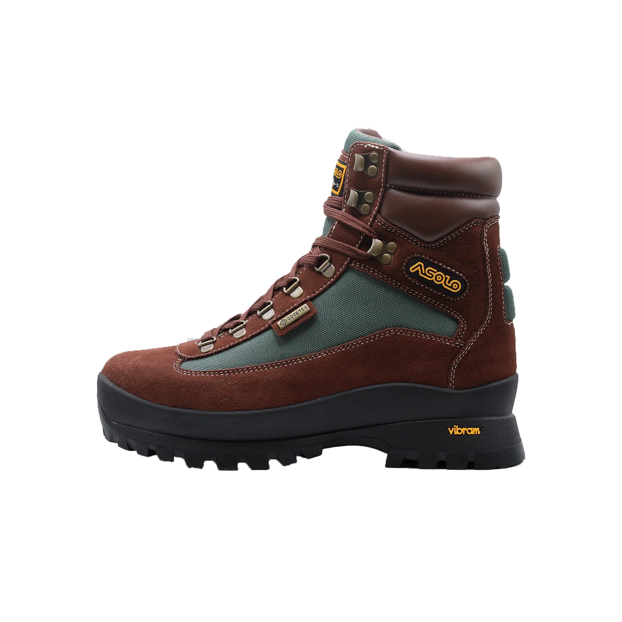 Brown Asolo hiking boot with green accents, yellow 'Asolo' logo on the side, and Vibram sole