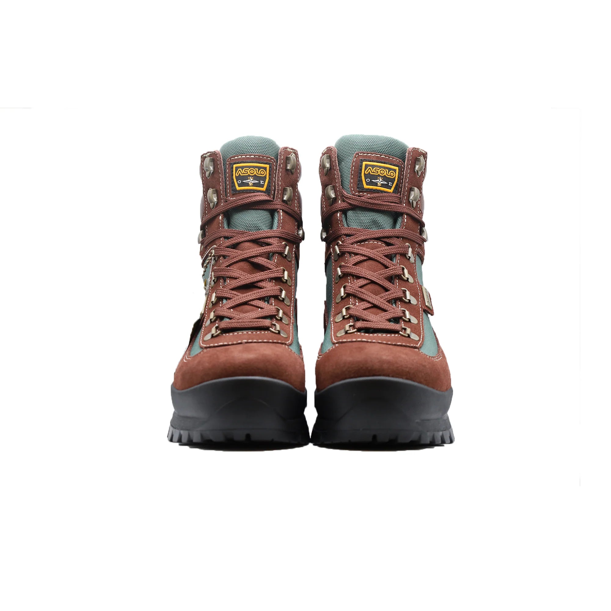 Pair of brown Asolo hiking boots with green accents, brown laces, and yellow 'Asolo' logo on the tongue