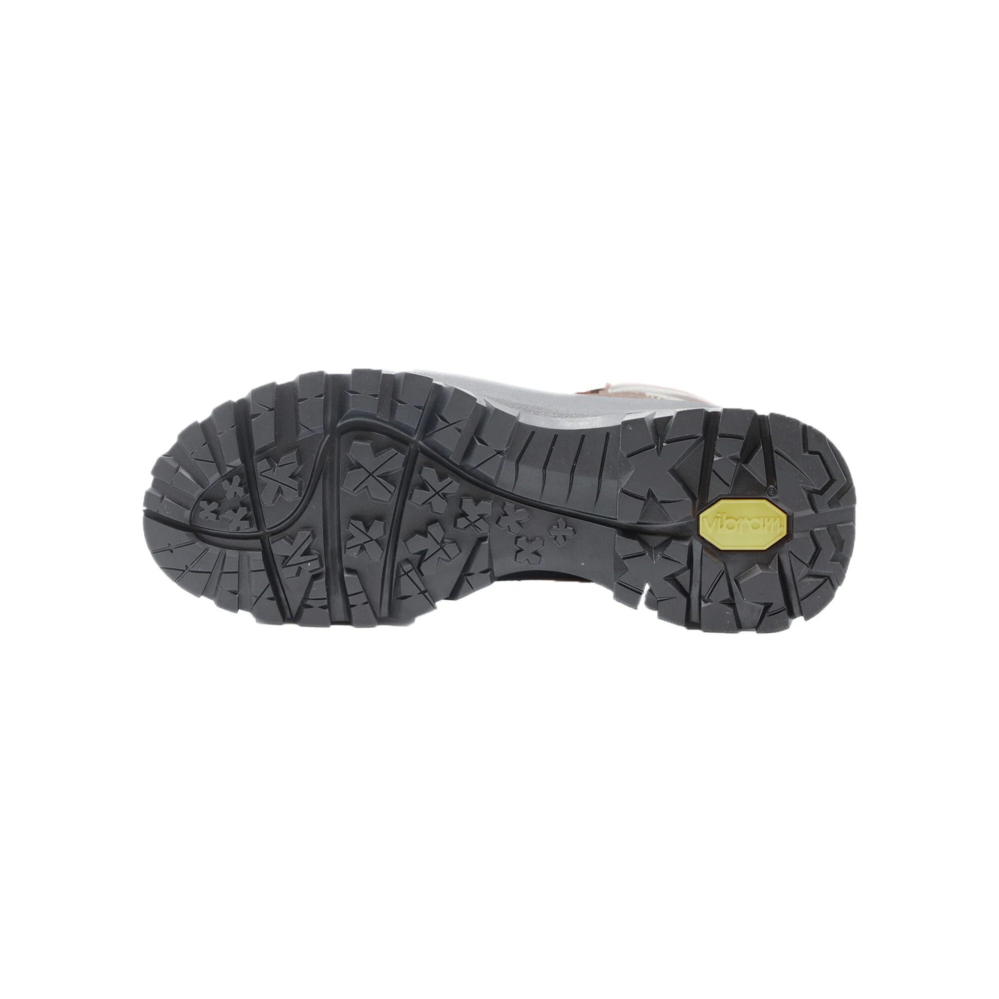 Sole of a brown Asolo hiking boot with a black Vibram outsole featuring deep treads and a yellow 'Vibram' logo