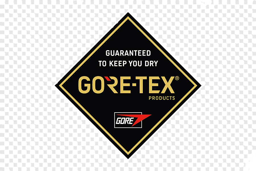 Gore-Tex logo with the text 'GUARANTEED TO KEEP YOU DRY' and 'GORE-TEX PRODUCTS' on a black diamond-shaped background with a white and black checkered pattern