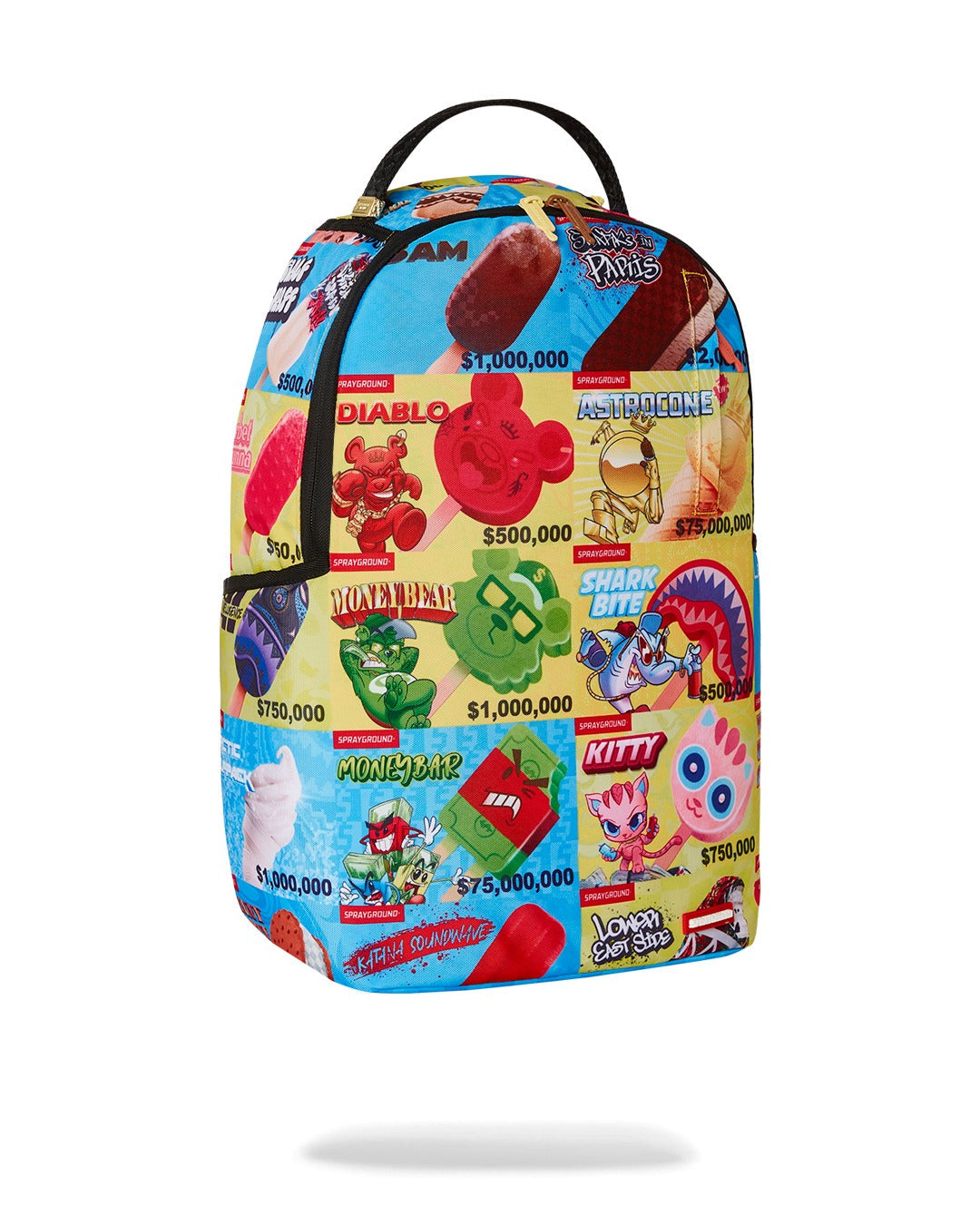 A vibrant Sprayground backpack featuring a collage of cartoon characters and novelty ice cream wrappers. The design mimics a classic ice cream truck menu board with panels of blue and yellow. The cartoon characters include a red devil, a green monkey, a blue shark, a pink cat, and a red monster. Each character is associated with a different ice cream, like a popsicle or a cone, and a price, such as "$1,000,000" or "$50,000." The backpack has a black handle at the top.