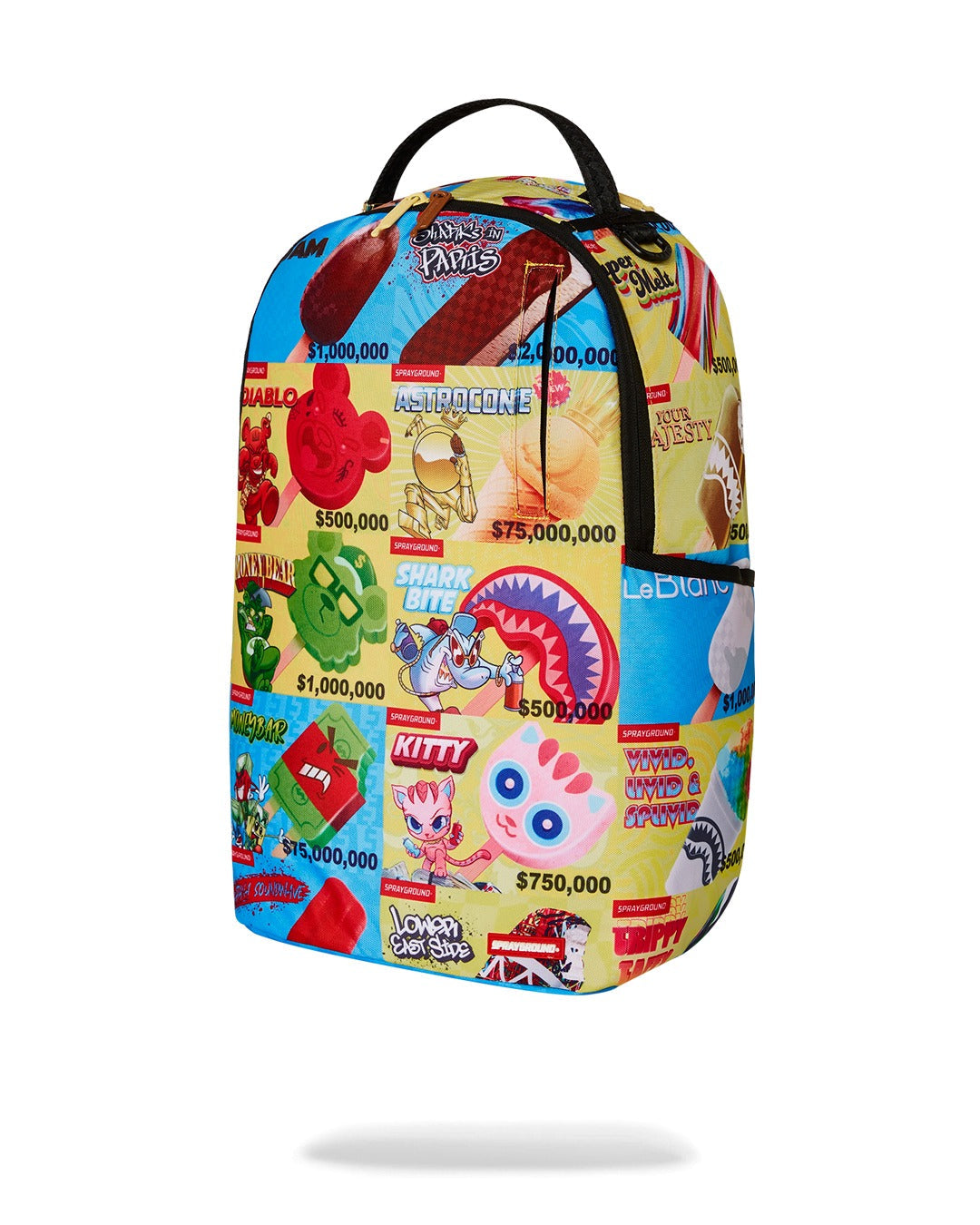 A colorful Sprayground backpack featuring a collage of cartoon characters and ice cream novelty wrappers. The design mimics a classic ice cream truck menu board with panels of blue and yellow. The front panel shows characters like a red devil, a blue shark, a pink cat, and a red monster. Each character is associated with a different ice cream type, like a popsicle or a cone, and a price, such as $500,000 or $15,000,000. The backpack has a black handle at the top.