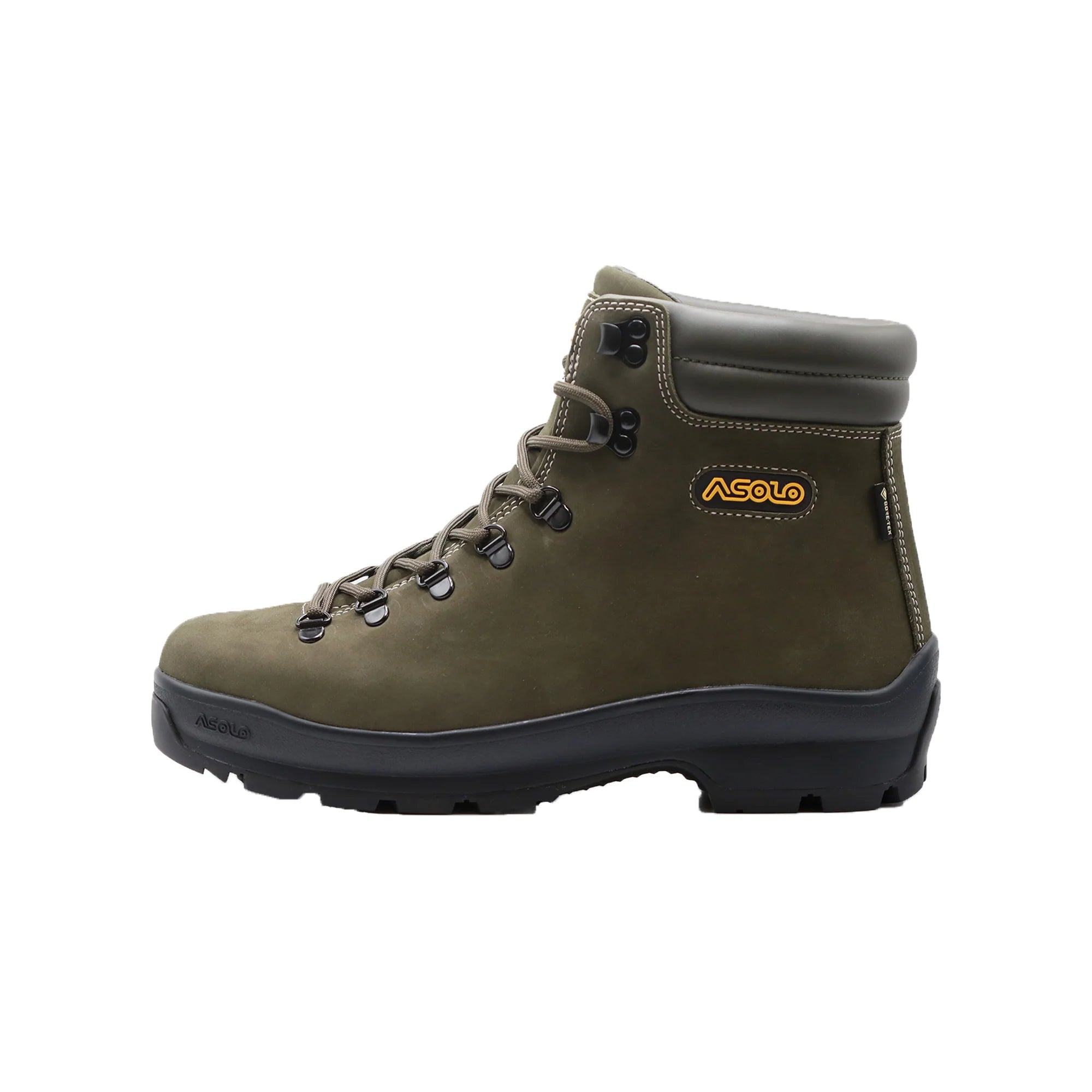 Olive green Asolo hiking boot with gray accents, yellow 'Asolo' logo on the side, and black sole