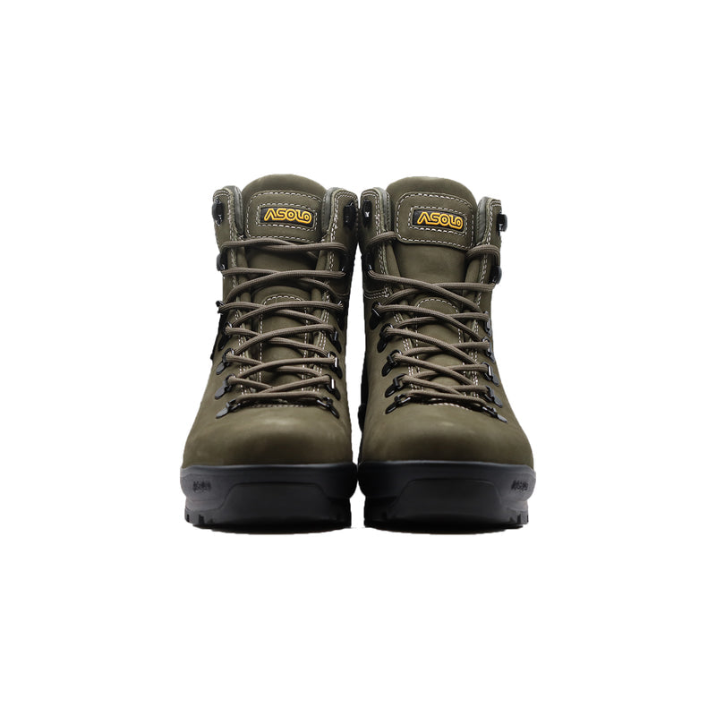 Pair of olive green Asolo hiking boots with olive green laces and yellow 'Asolo' logo on the tongue