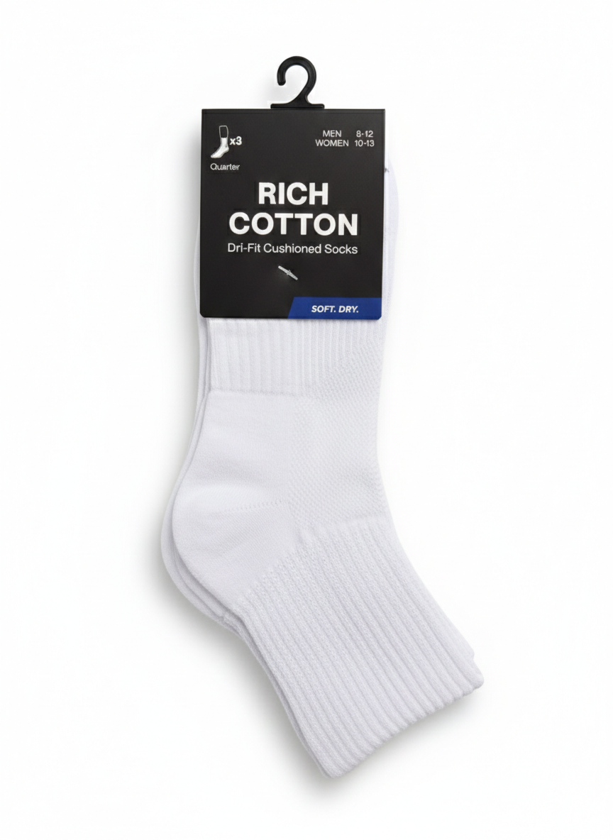 Rich Cotton Quarter Dri-Fit Cushioned Socks (3 Pack)