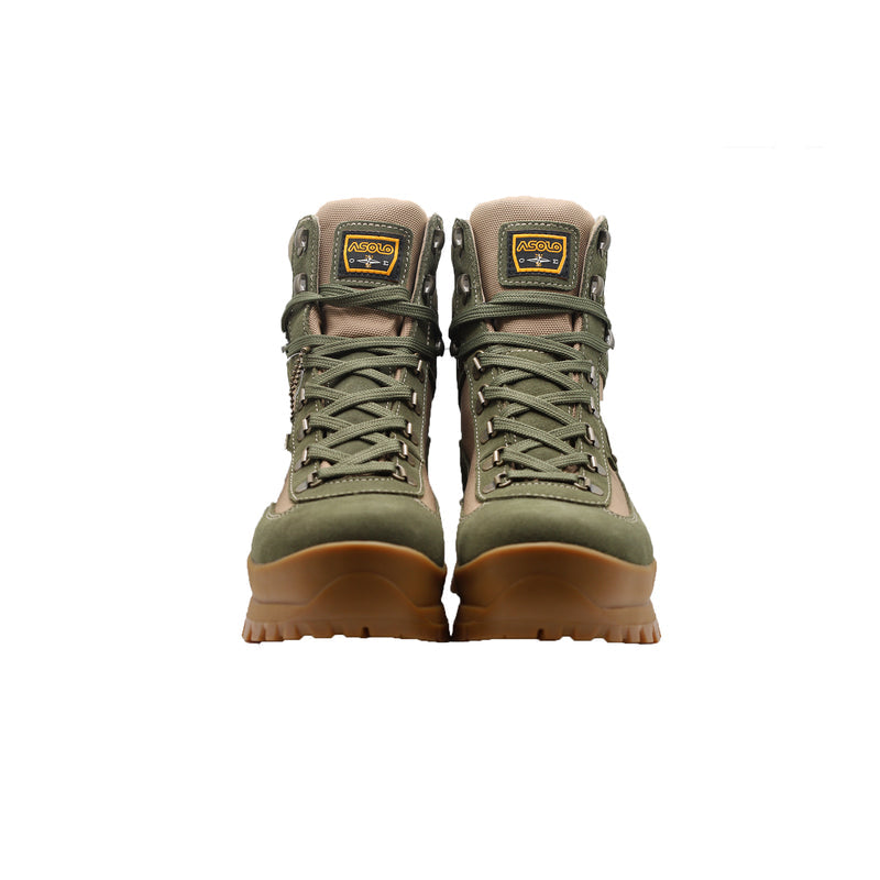 Pair of green and sand Asolo hiking boots with green laces and yellow 'Asolo' logo on the tongue
