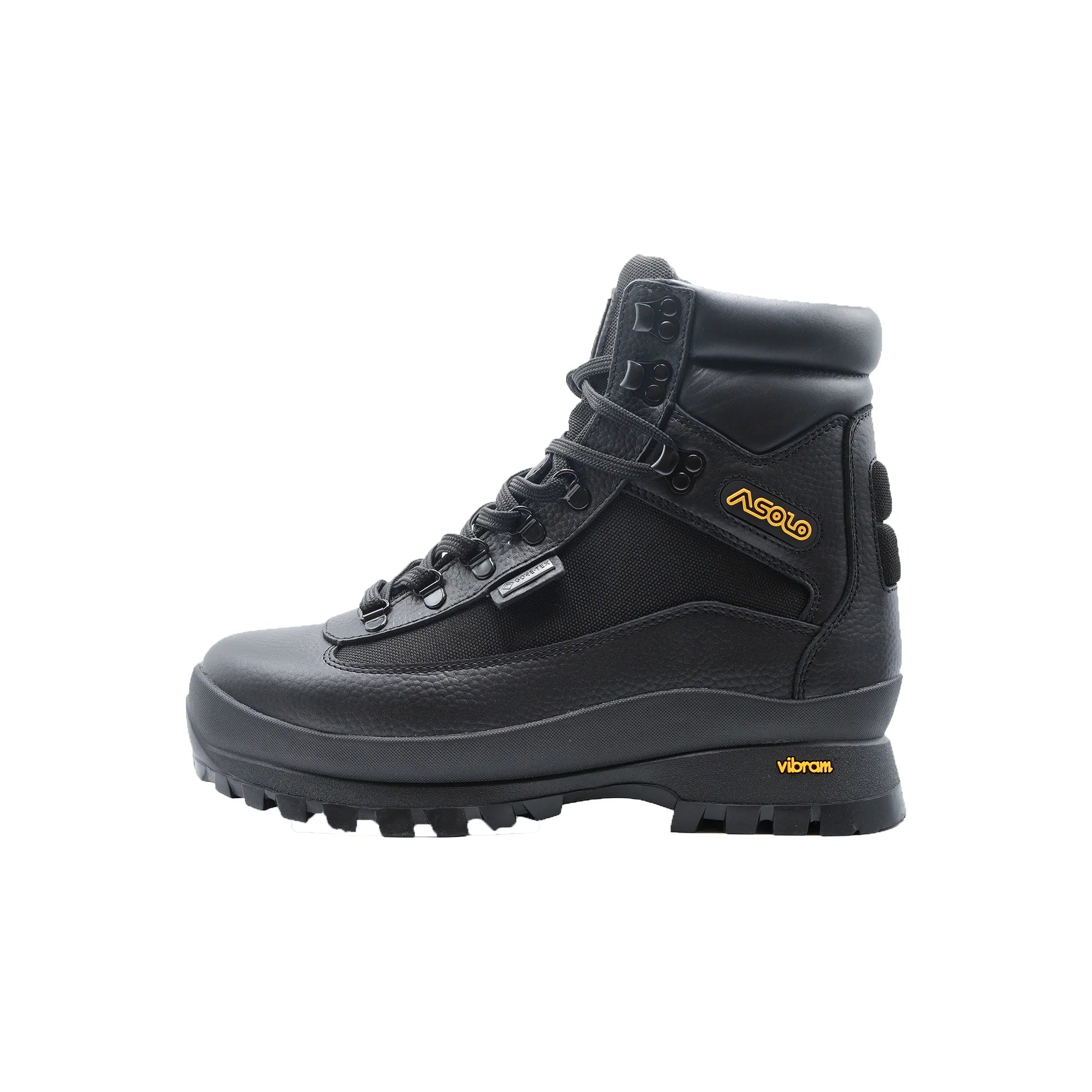 Black Asolo hiking boot with yellow 'Asolo' logo on the side, and Vibram sole