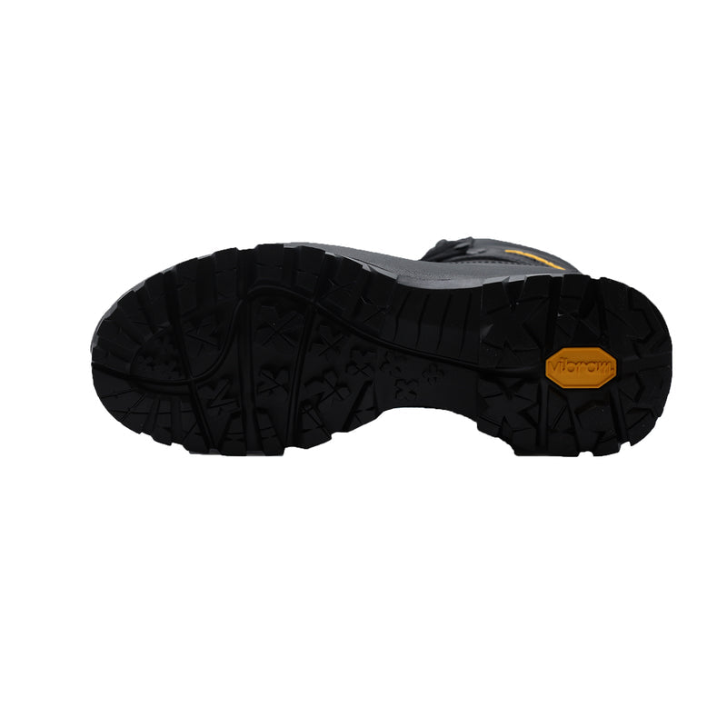 Sole of a black Asolo hiking boot with a black Vibram outsole featuring deep treads and a yellow 'Vibram' logo