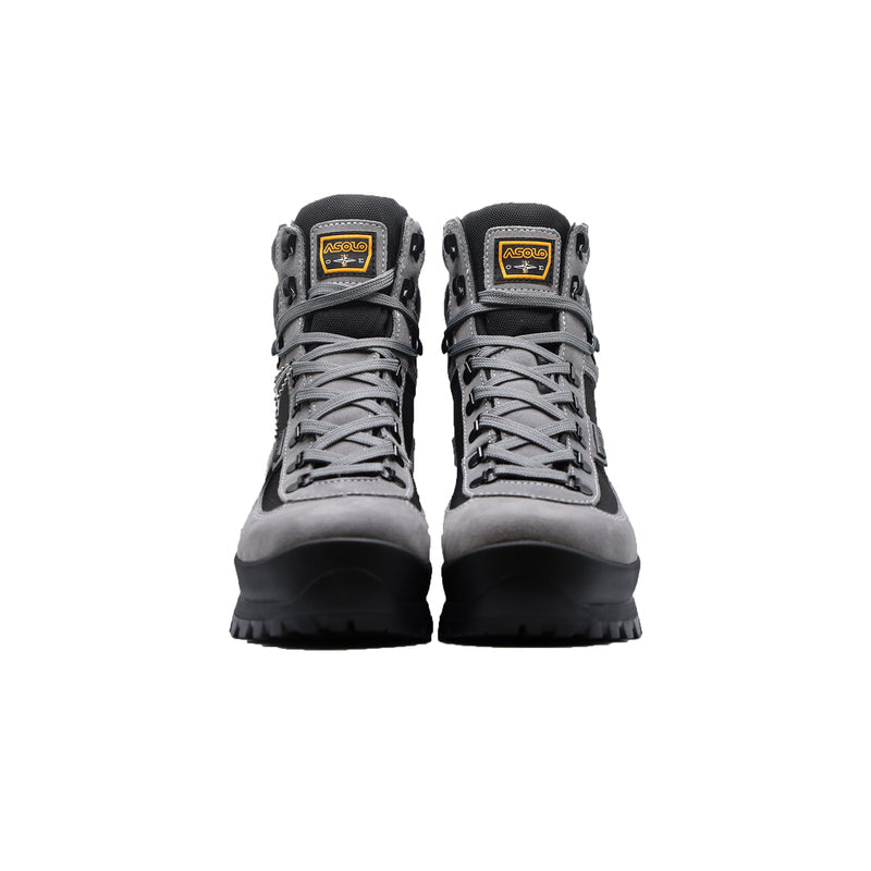 Pair of gray Asolo hiking boots with black accents, gray laces, and yellow 'Asolo' logo on the tongue