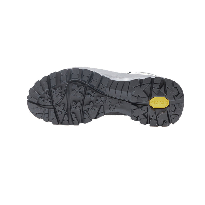 Sole of an Asolo hiking boot with black Vibram outsole featuring deep treads and a yellow 'Vibram' logo