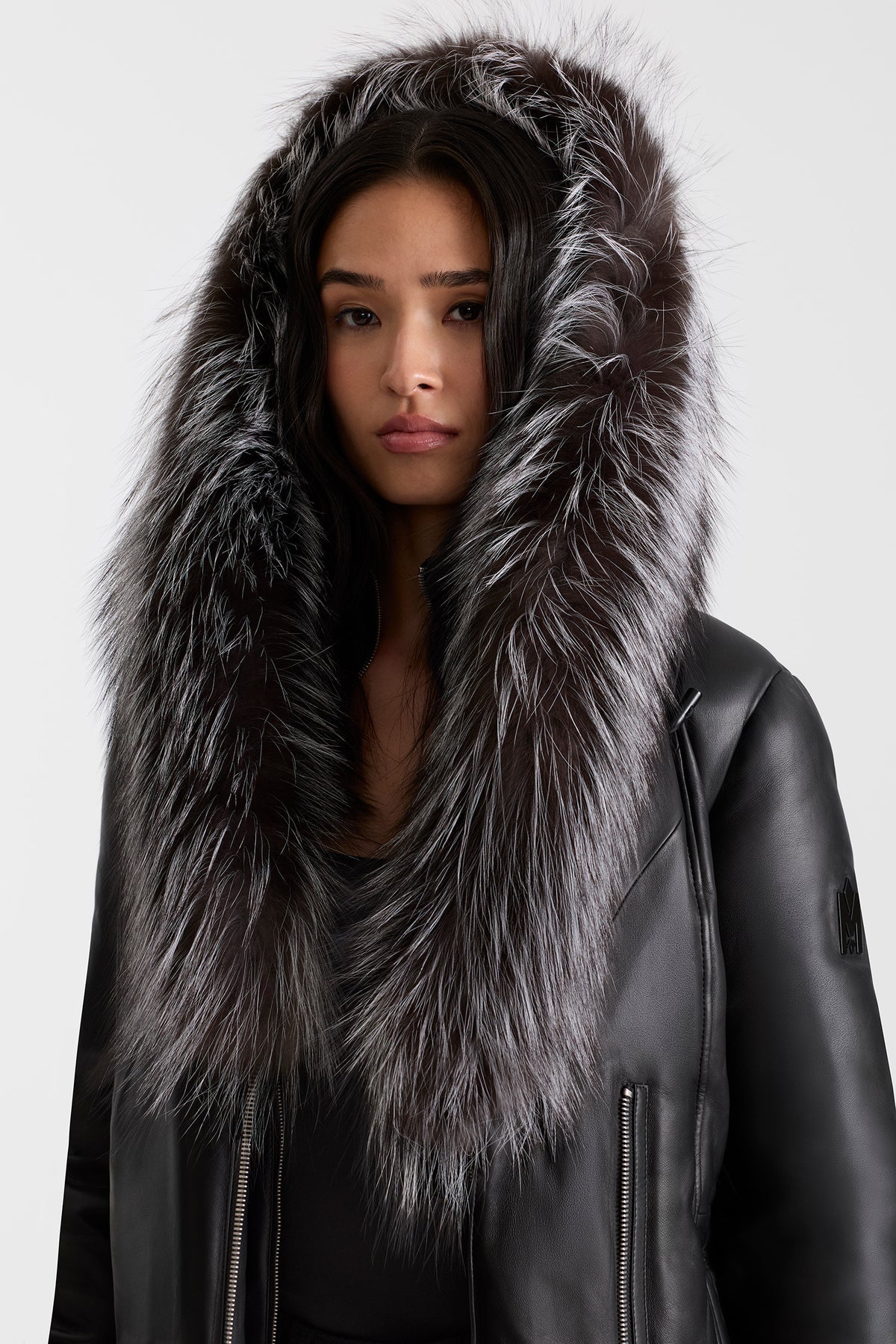 Mackage Ingrid Leather Jacket with silver fox fur Signature Mackage Collar
