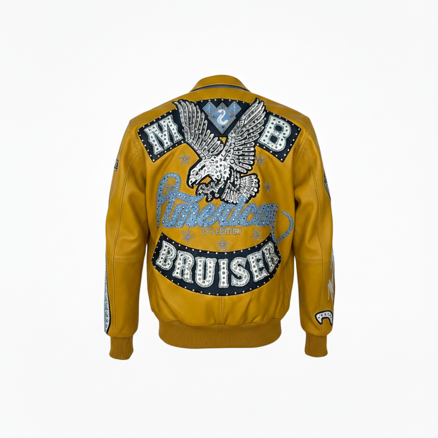 Pelle Pelle American Bruiser Yellow jacket with eagle emblem and text on a white background