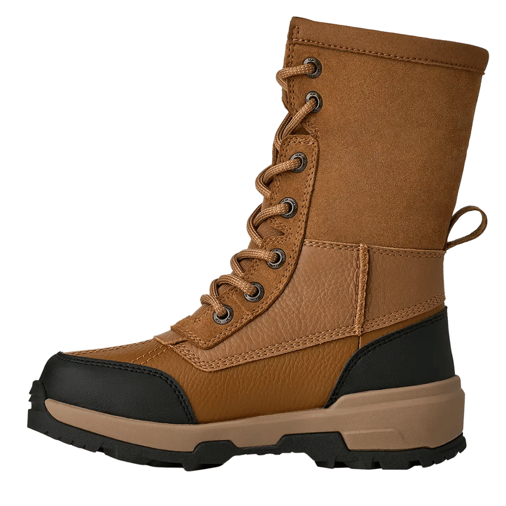 UGG Kid's waterproof Chestnut winter boot with a lace-up shaft, contrasting suede and leather panels, a black rubber toe cap, and a rugged tan and black traction sole.