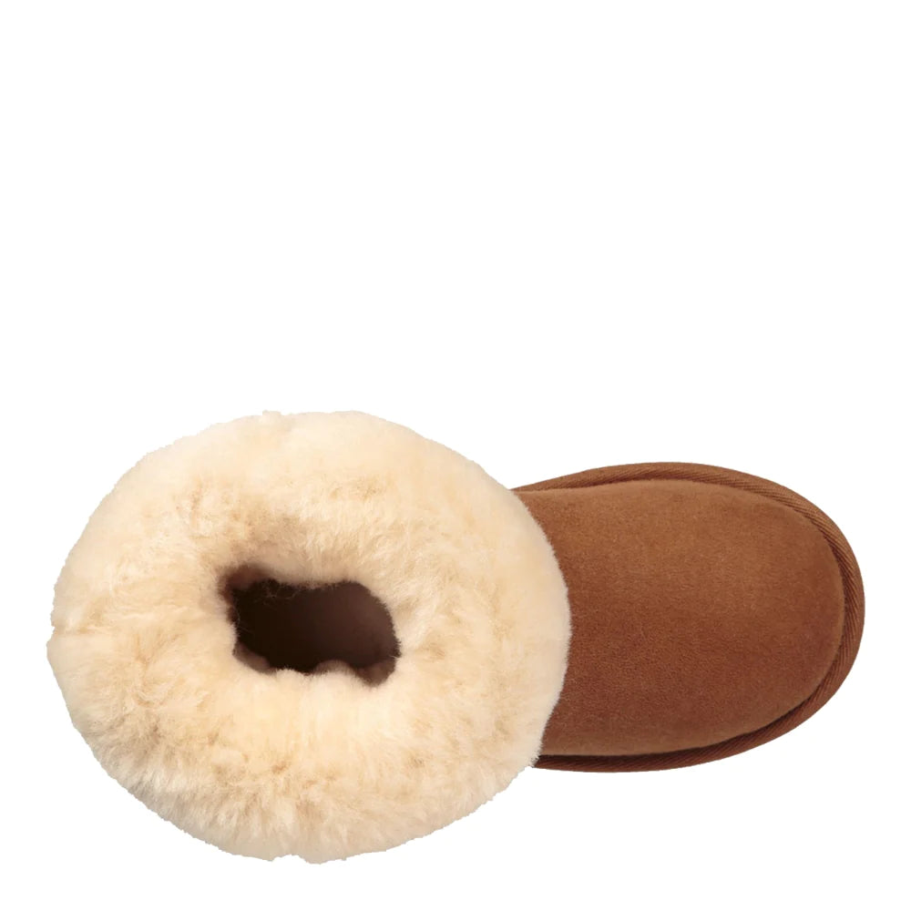 Top-down view of UGG Kid's Classic II boot in chestnut, showcasing the rounded shaft opening and the thick, creamy wool lining.