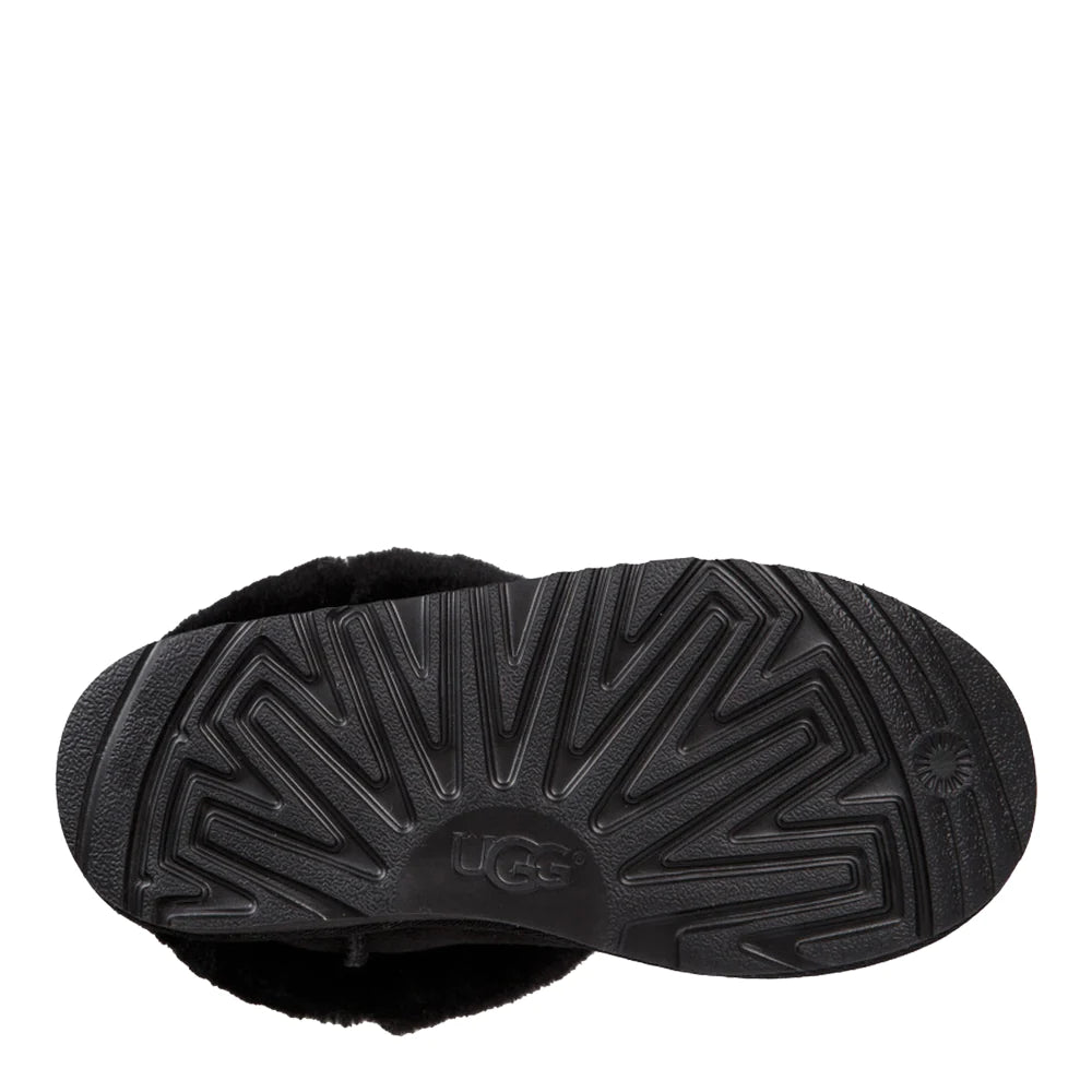 Bottom view of the black rubber outsole of the UGG Kid’s Classic II boot. The sole features a deep, molded tread pattern with zig-zag shapes and the UGG logo embossed in the center.