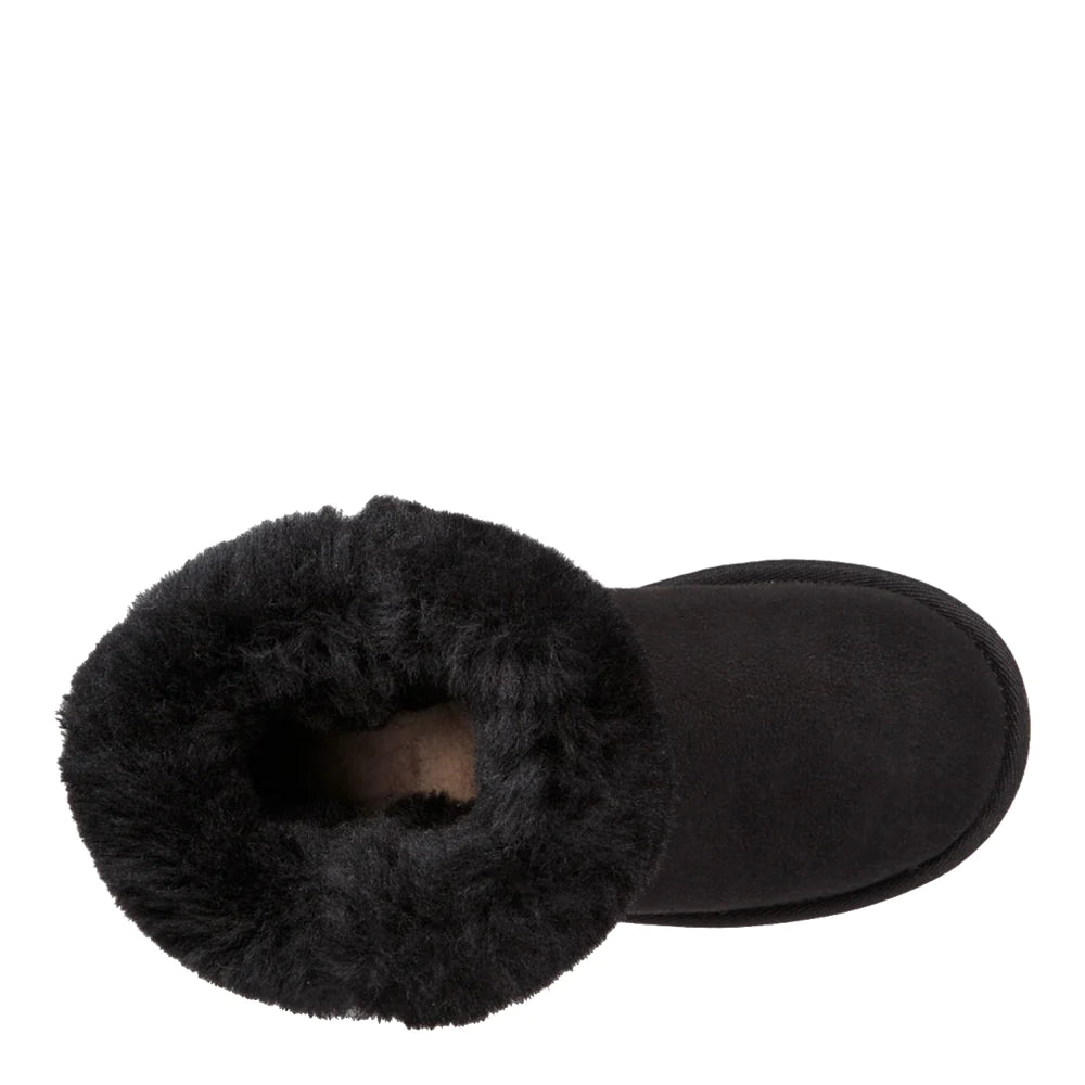 Top-down view of a single UGG Kid’s Classic II boot in black suede. The image focuses on the shaft opening, clearly showing the thick, plush black wool lining and the wide, rounded toe box.