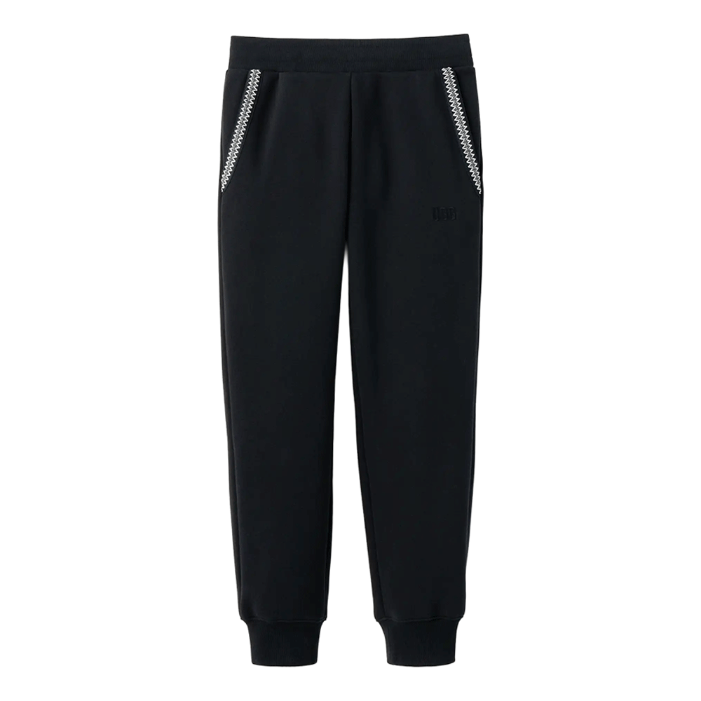 Black UGG Tasman Jogger made of cotton blend, featuring contrasting white UGGbraid trim on the front pocket openings.