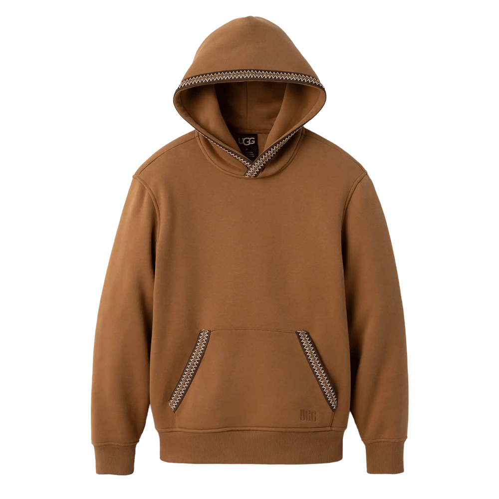 UGG Tasman Hoodie made of cotton blend with recycled fibers. Features UGGbraid trim on the hood and kangaroo pocket, and UGG logo embroidery.