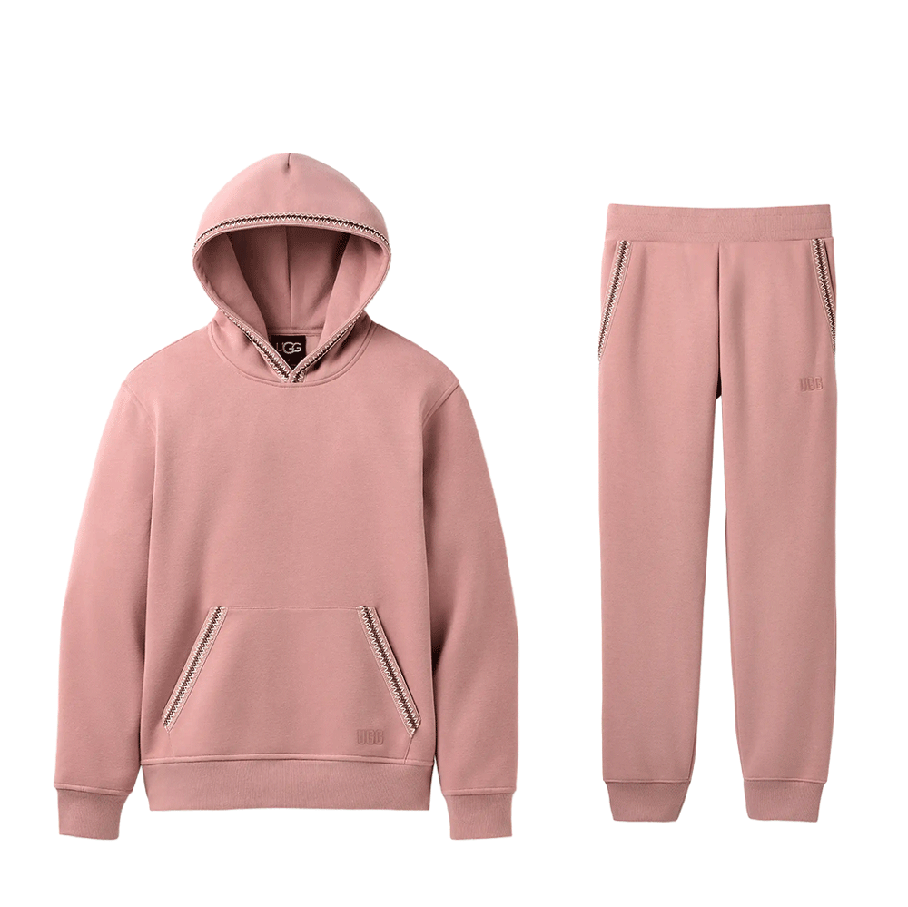 A matching dusty rose UGG hoodie and sweatpants set, featuring braided trim detail on the hood and pocket edges.