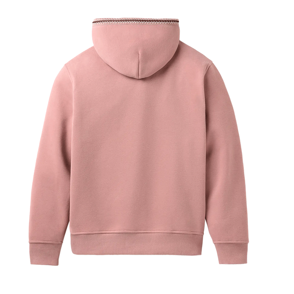 Rear view of a dusty rose/pale mauve hoodie. The back is plain except for the hood opening, which shows the contrast braided or zig-zag trim detail lining the inside edge. The hoodie features a ribbed waistband and cuffs, and is presented on a white background.