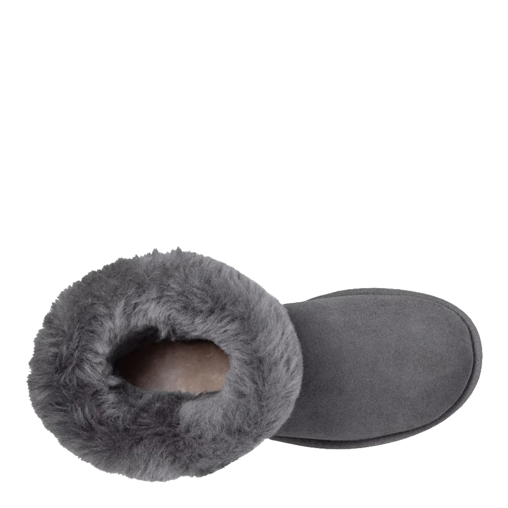 Top-down view of UGG Women's Classic Short II boot in grey. The view looks directly down the mid-calf shaft, showcasing the thick, dark grey sheepskin wool lining that extends up over the cuff.