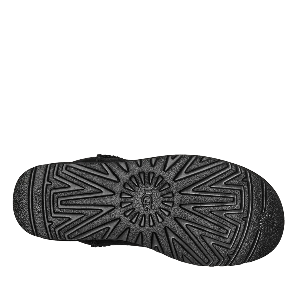 Top-down view of the outsole (bottom) of the black UGG Women's Classic Ultra Mini boot. The black sole features a thick, molded tread pattern with zig-zag shapes and the UGG logo molded into the center.