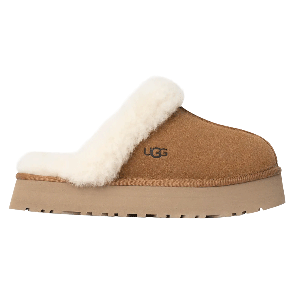 Chestnut UGG Disquette slipper with a suede upper, white sheepskin collar, and a platform sole.