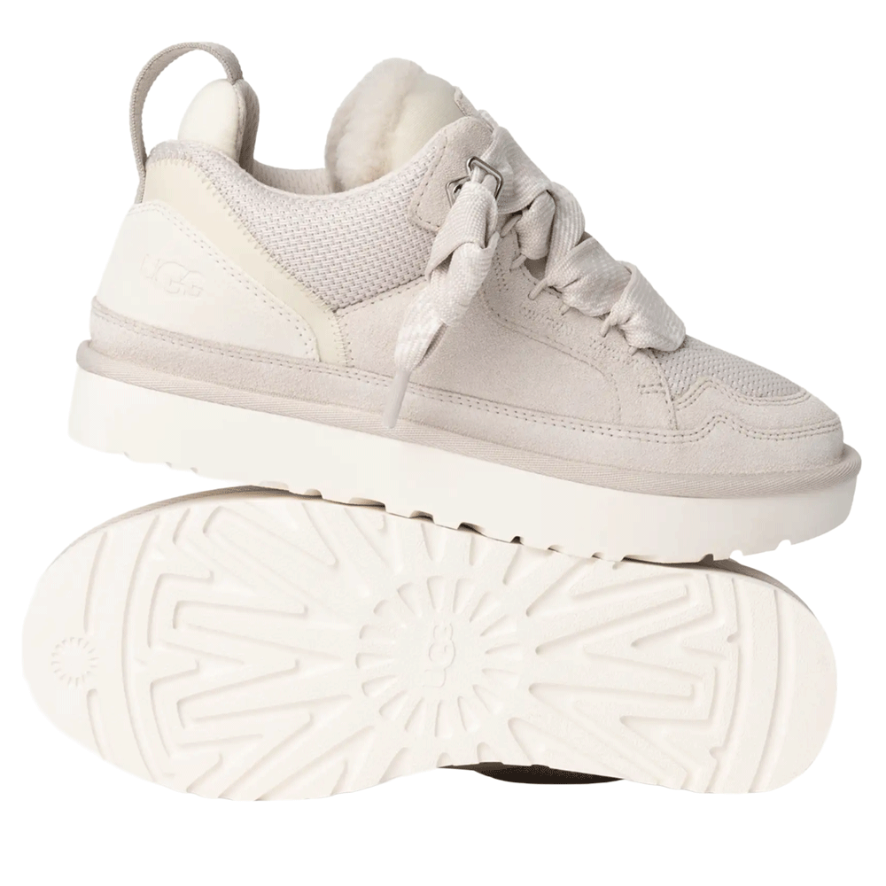 Two views of the light-colored UGG Lowmel sneaker: one showing the suede and mesh upper with loose laces, and the other showing the contrasting white, chunky Sugarcane EVA outsole and its patterned traction.