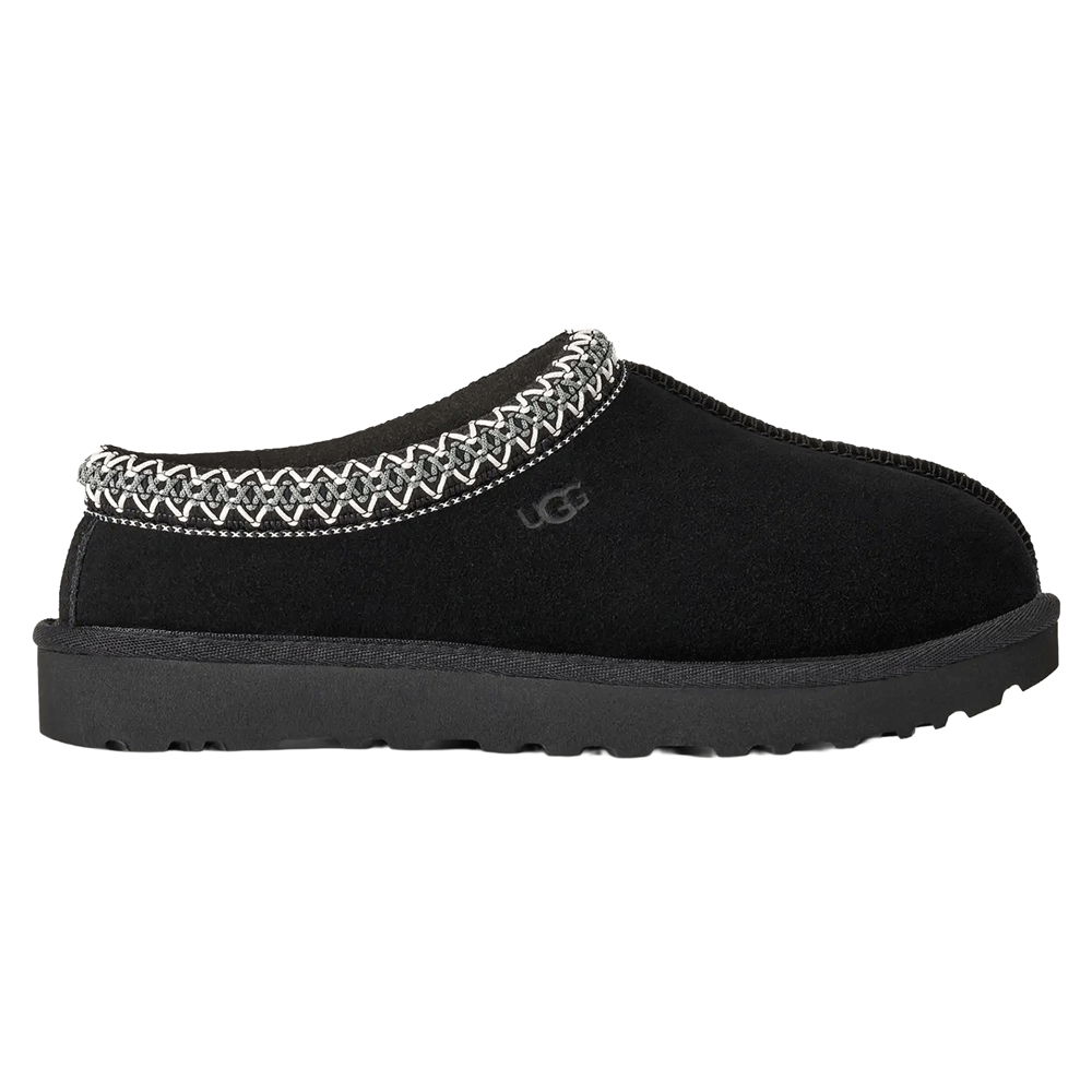 UGG Tasman II slide slipper in black color with a suede upper, plush sheepskin lining, and the signature UGGbraid trim on the collar. Low-profile indoor/outdoor comfort shoe featuring a Sugarcane EVA outsole.