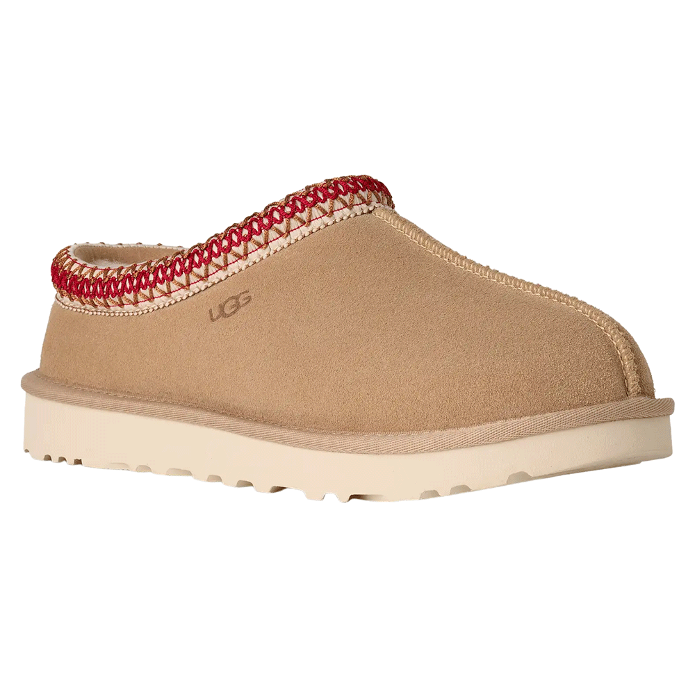 UGG Tasman II slipper with a suede upper, red and white UGGbraid trim around the collar, and a white Sugarcane EVA sole.