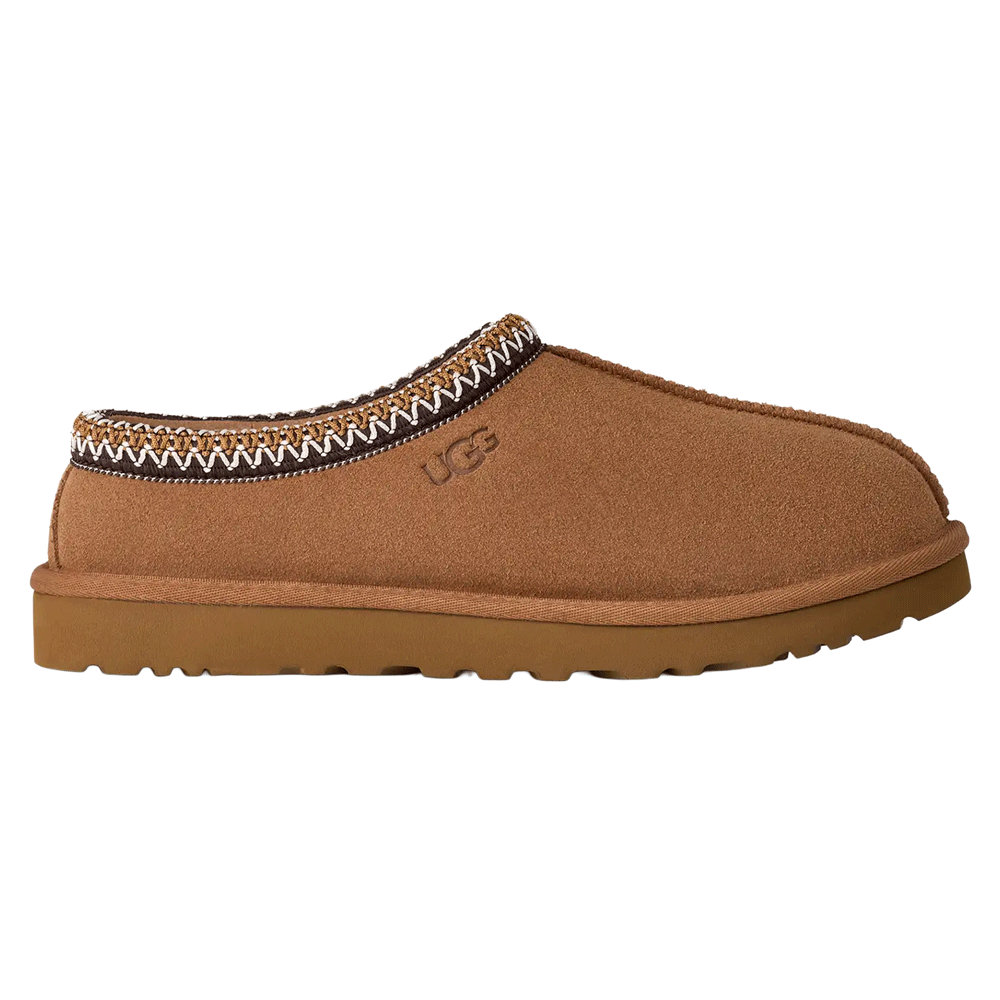 Side view of the UGG Tasman II slipper in chestnut suede, featuring the signature UGGbraid collar and a sugarcane EVA outsole.
