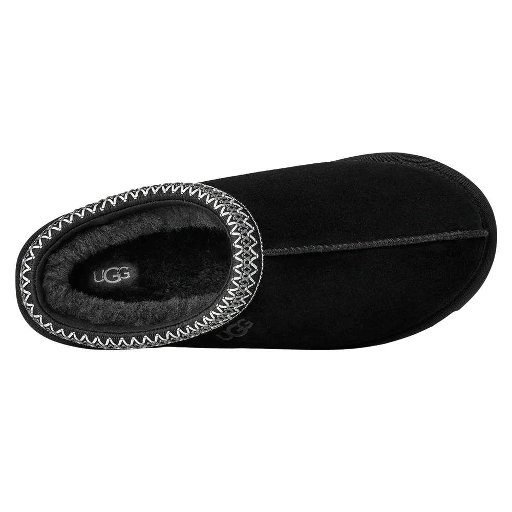 Overhead view of the black UGG Tasman II slipper. The image shows the dark sheepskin lining and insole, the white and gray UGGbraid trim around the collar, and the internal UGG logo tag.
