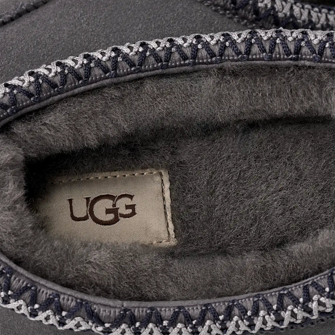 Close-up of UGG logo on a gray slipper with decorative trim