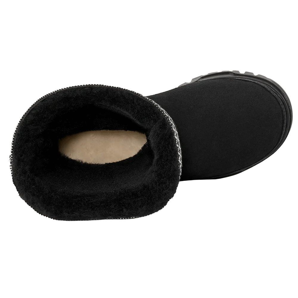 Rear view of a pair of black UGG Classic Tall TrailGazer boots, showing the black leather heel counter, decorative white side seam braiding, and the wide black and white woven band at the cuff.