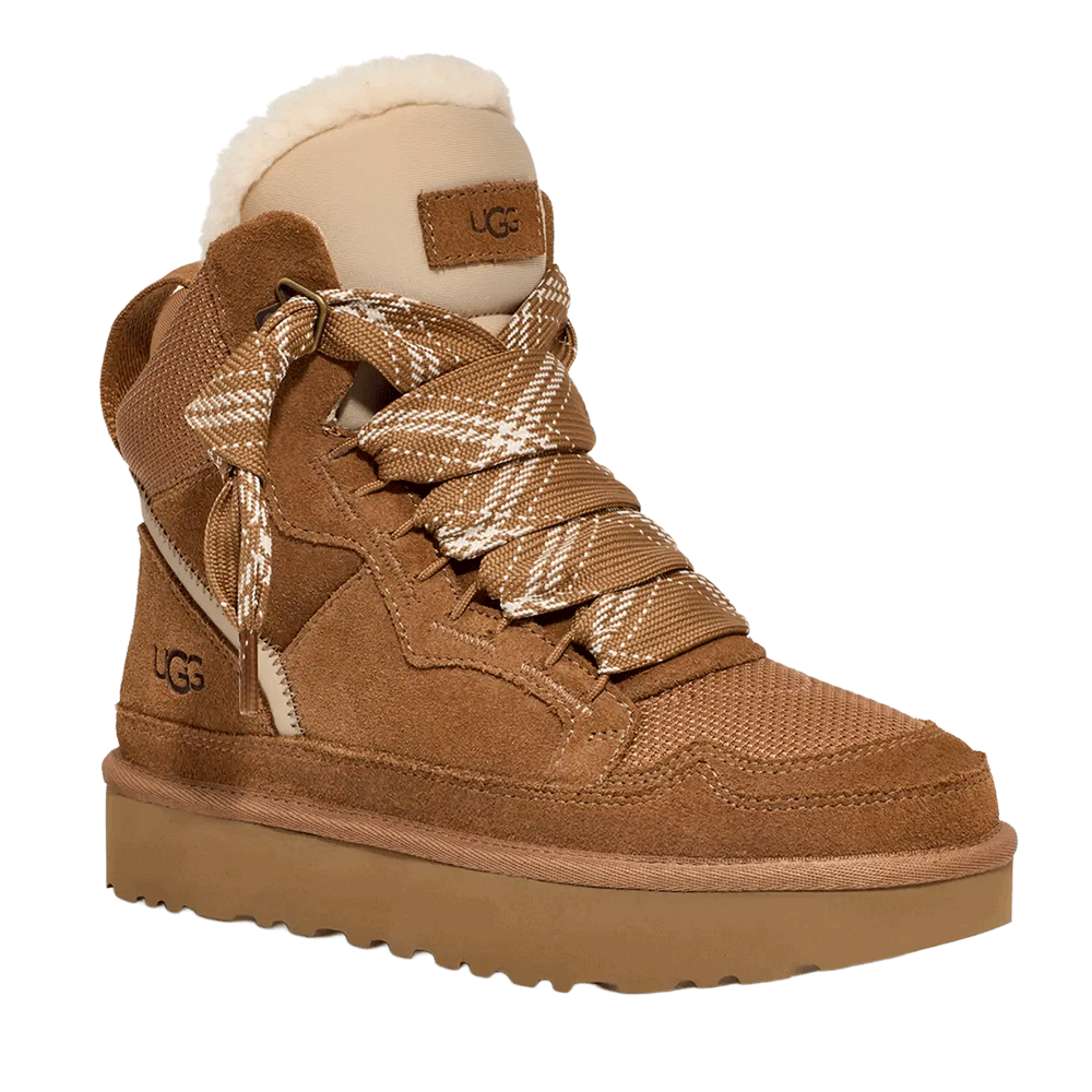 Front perspective view of the Chestnut UGG Highmel high-top sneaker, showcasing the blend of suede and recycled canvas mesh, the plush cream-colored lining at the collar, wide patterned laces, and the thick Sugarcane EVA platform sole.