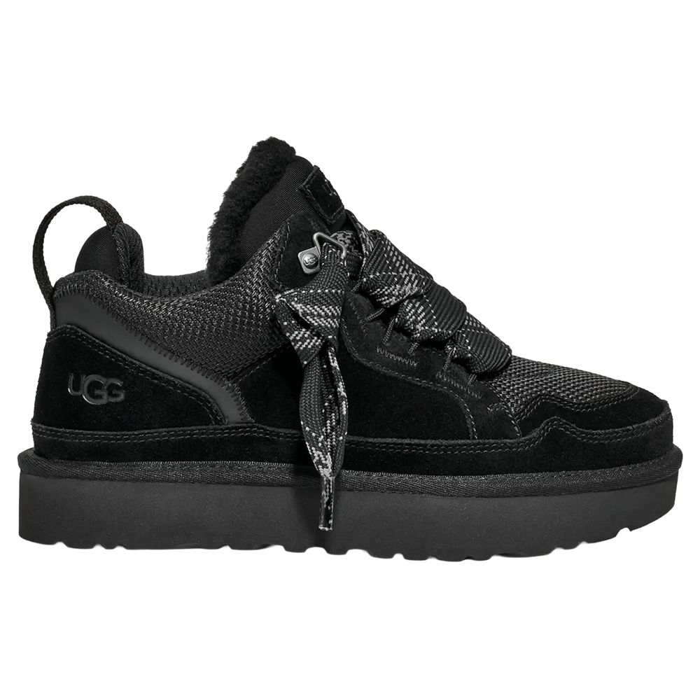 Black UGG Lowmel sneaker with suede and mesh upper, padded collar, oversized tongue, and wide two-tone laces.