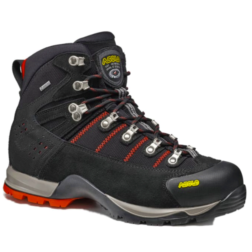Black Asolo hiking boot with a synthetic upper, red accents, metal eyelets, and a rugged sole, designed for durability and outdoor performance