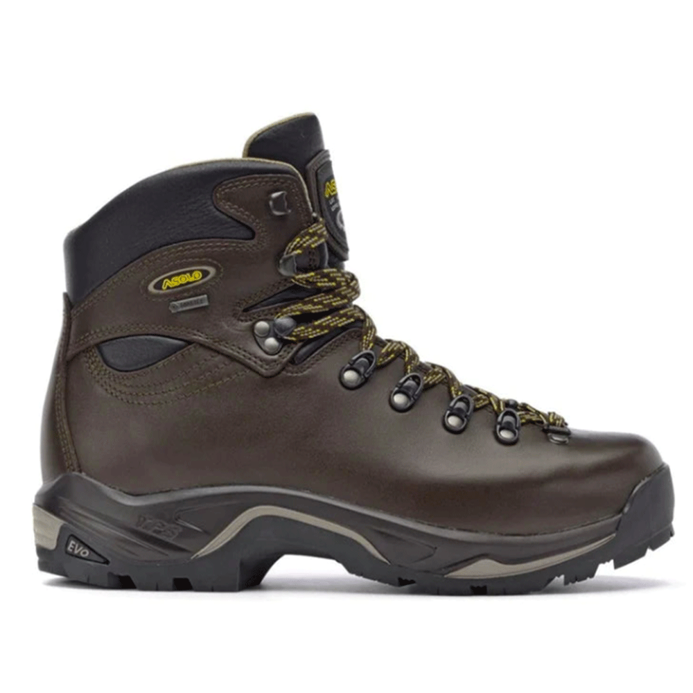 Asolo hiking boot right foot view in chestnut, featuring a durable leather upper, Gore-Tex lining, and rugged sole.