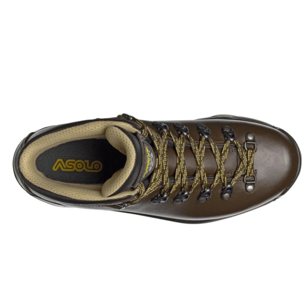 Top-down view of a right Asolo hiking boot in chestnut, featuring yellow and chestnut laces, a padded collar, and a rugged sole