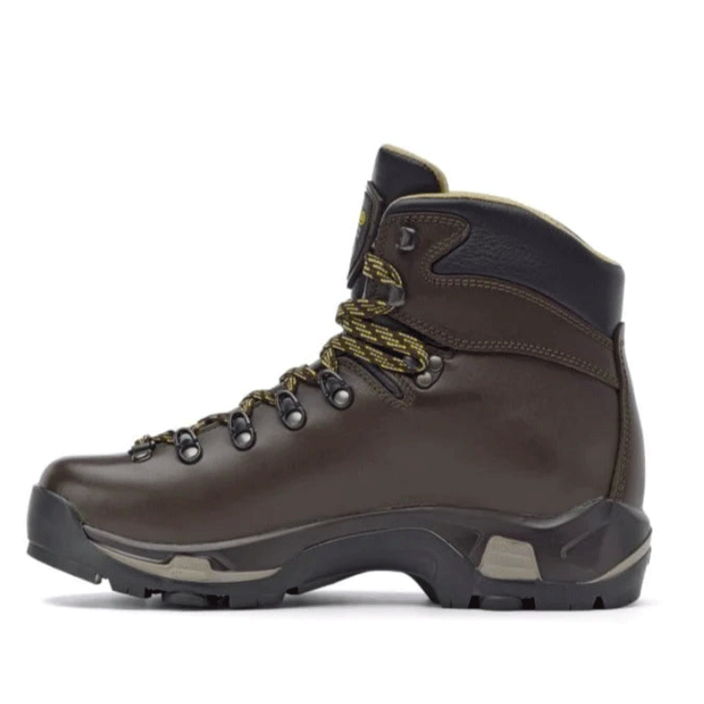 Right Asolo hiking boot in chestnut, featuring a durable leather upper, yellow and chestnut laces, and a rugged sole