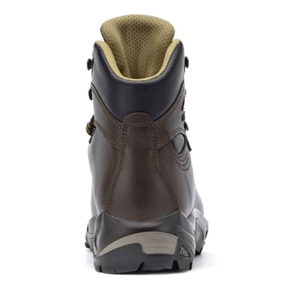 Back view of a right Asolo hiking boot in chestnut, featuring a padded collar, black leather accents, and a rugged sole.