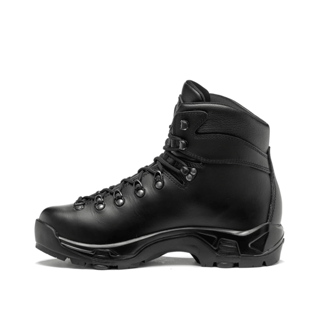 Black leather hiking boot with a high ankle, metal eyelets, and a sturdy rubber sole, designed for durability and outdoor performance.