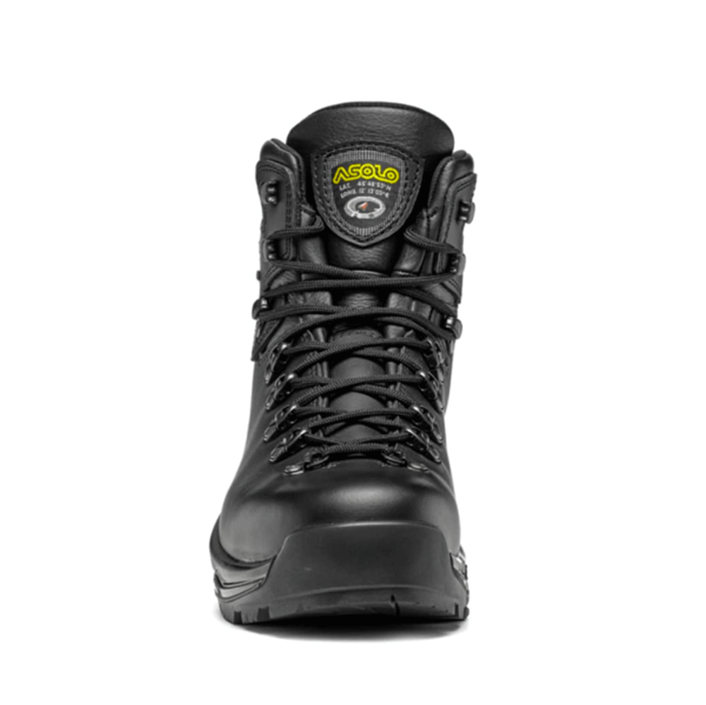 Front view of a right Asolo hiking boot in Black, featuring a metal eyelets, black leather accents, and a rugged sole.
