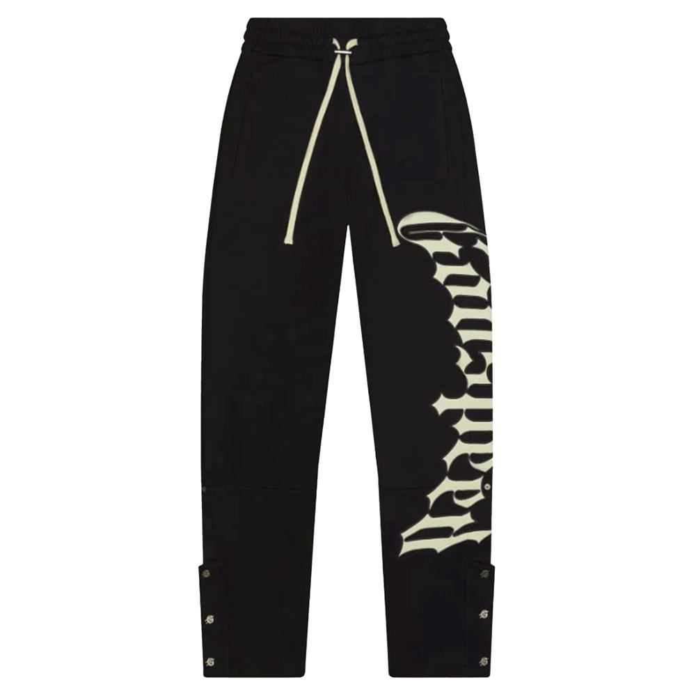 Godspeed OG Logo V2 black sweatpants featuring a vertical white Gothic "Godspeed" logo on the left leg. The pants include extra-long cream-colored drawstrings and silver snap-button closures at the ankles for a customizable flared or tapered fit.