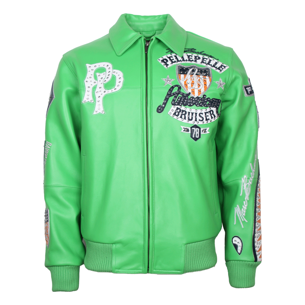 Front view of a vibrant lime green Pelle Pelle "American Bruiser" leather jacket. The jacket features elaborate multi-media branding, including a large studded "PP" logo on the right chest and an "American Bruiser" crest on the left. It has a shirt-style collar, ribbed cuffs and hem, and intricate embroidery with studded accents along both sleeves.